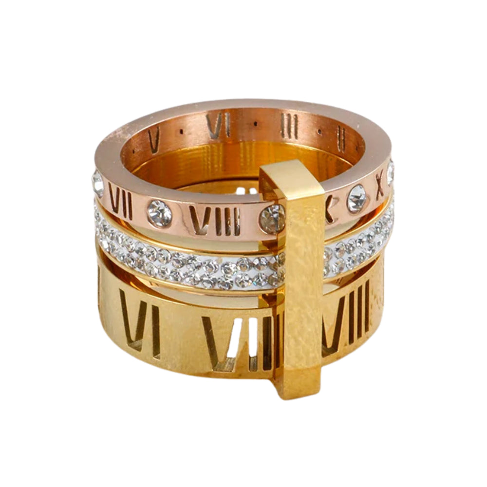 Anel Aro Triplo Algarismo Romano Banhado em Ouro 18K