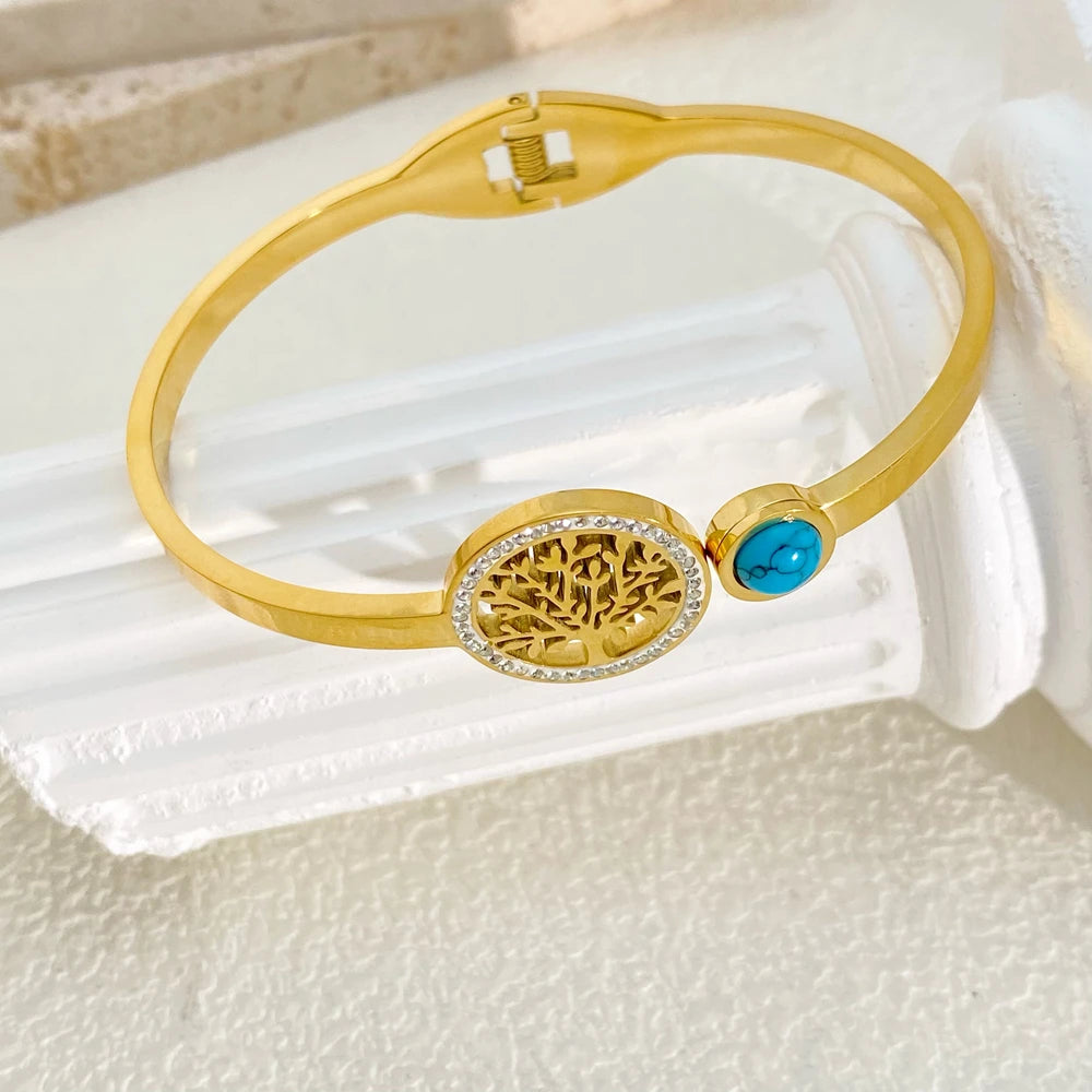 Bracelete Árvore Pedra Azul Banhado em Ouro 18K