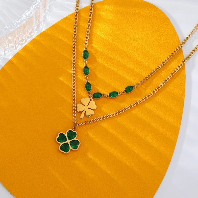 Colar Duplo Trevo 4 Folhas Banhado em Ouro 18K