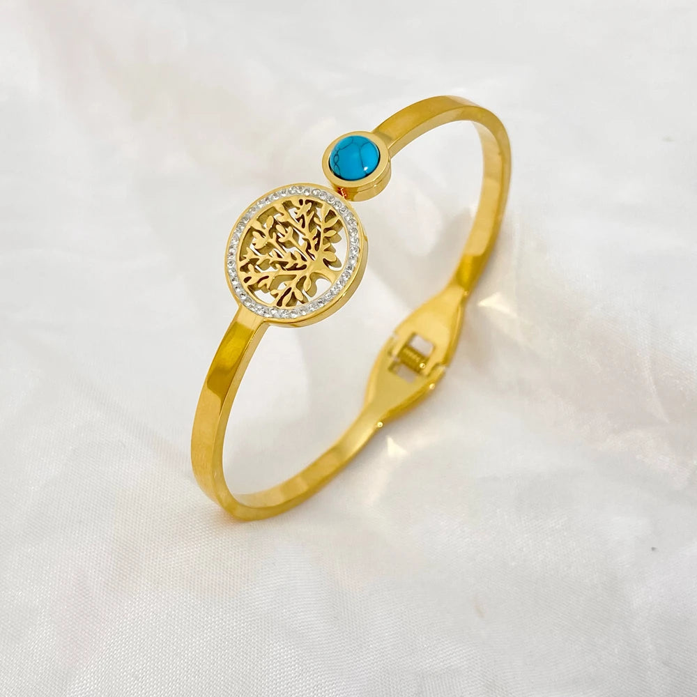 Bracelete Árvore Pedra Azul Banhado em Ouro 18K
