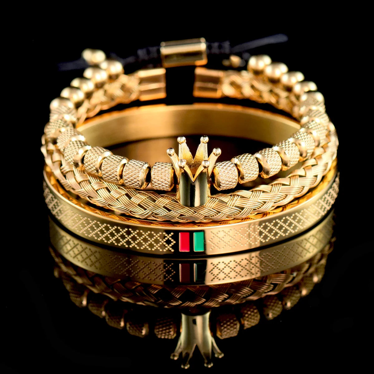 Kit 3 Pulseiras Coroa Masculina Banhado em Ouro 18K