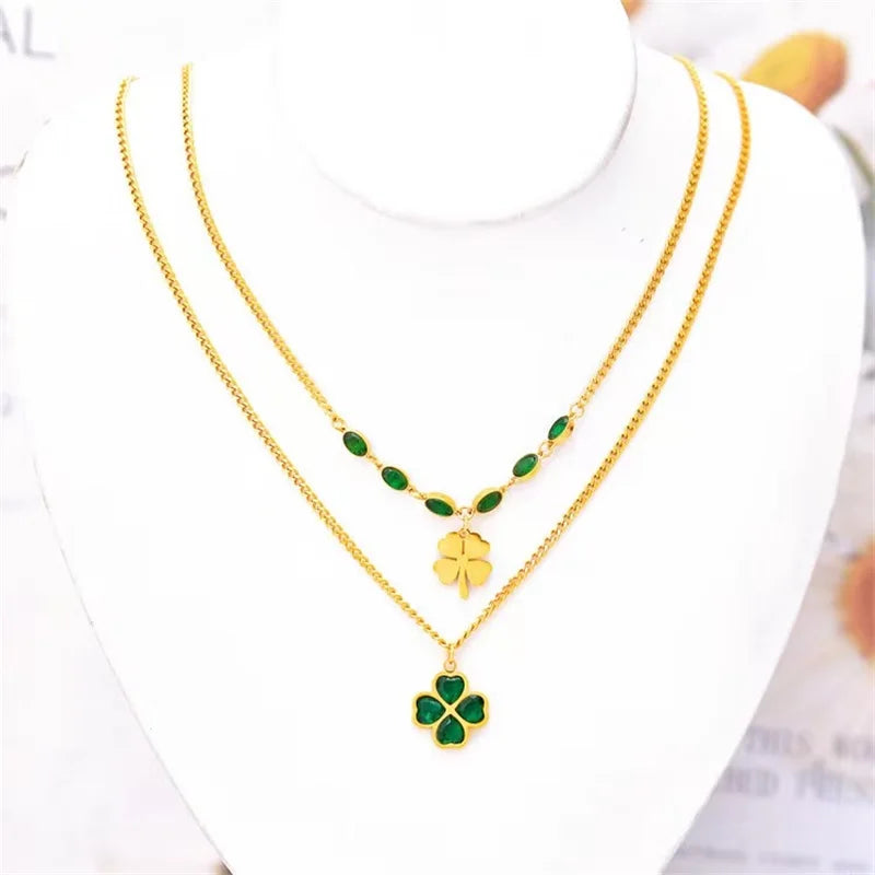 Colar Duplo Trevo 4 Folhas Banhado em Ouro 18K