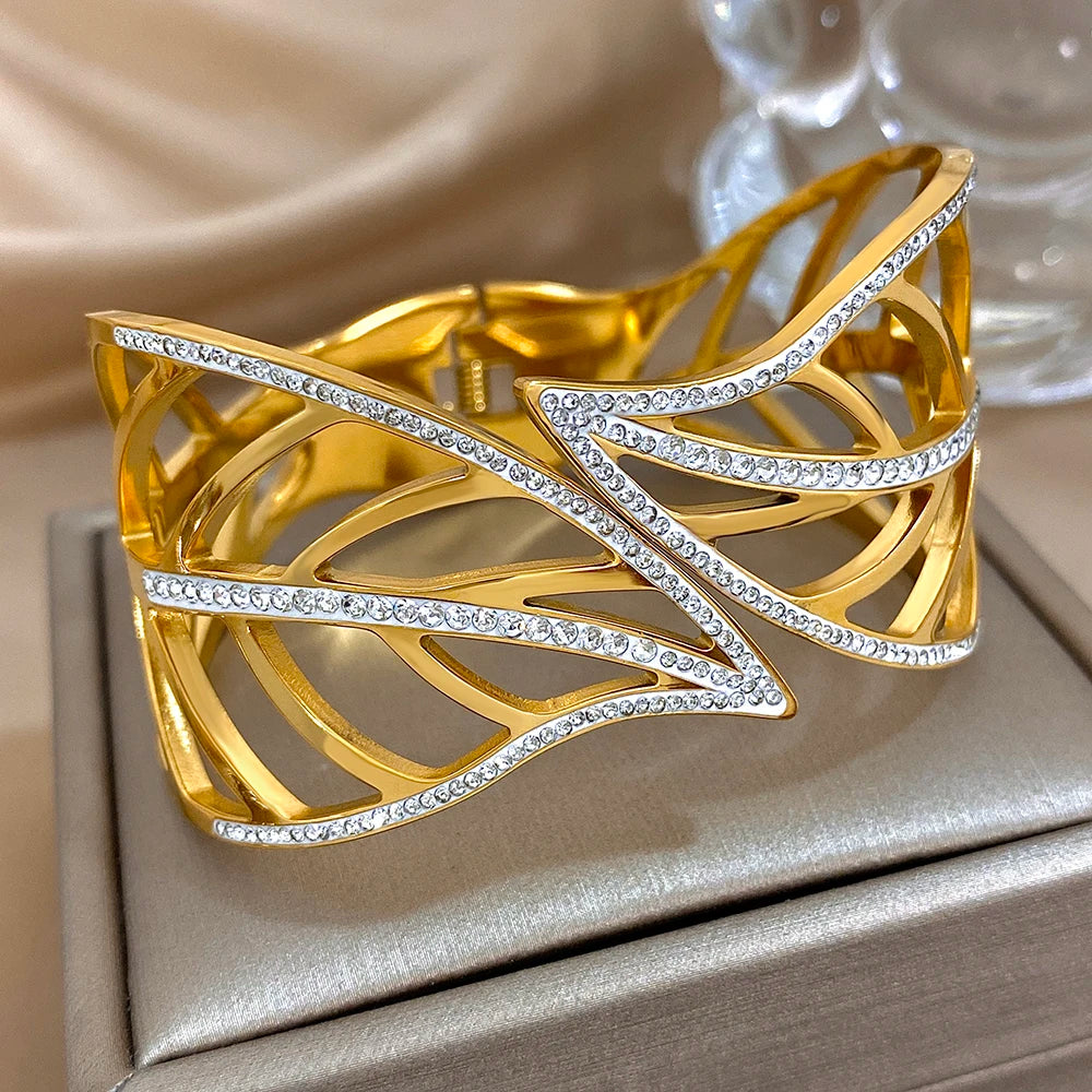 Bracelete Folhas Zircônias Banhado em Ouro 18K