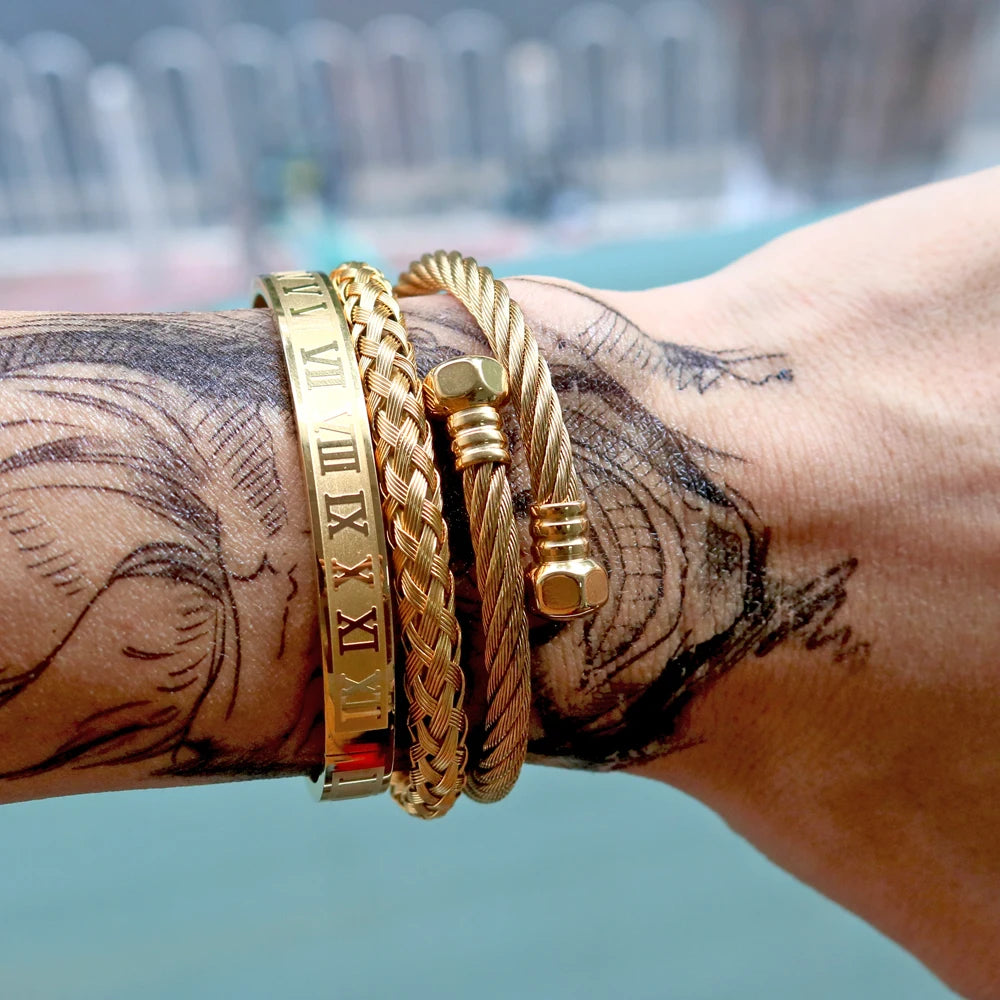 kit 3 Pulseiras Algarismo Romano Masculina Banhado em Ouro 18K