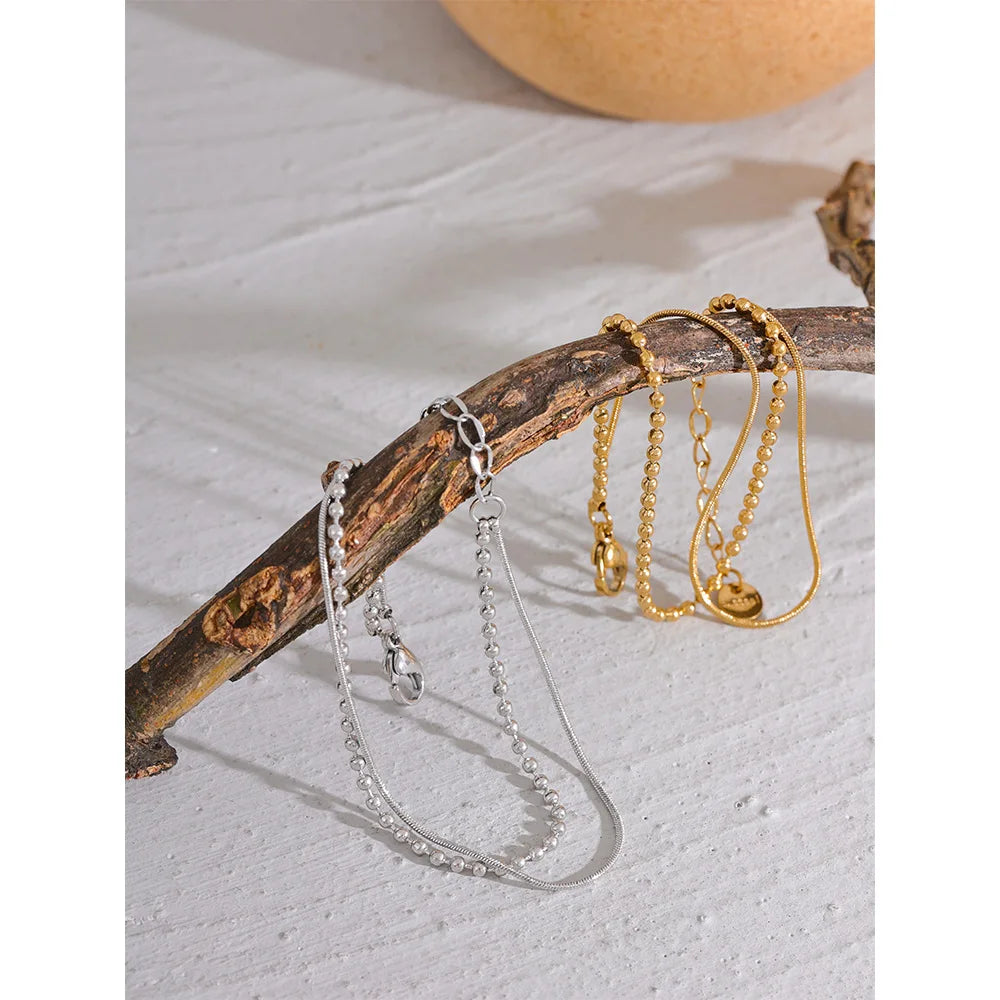 Pulseira Dupla Lisa e Esferas Banhado em Ouro 18K