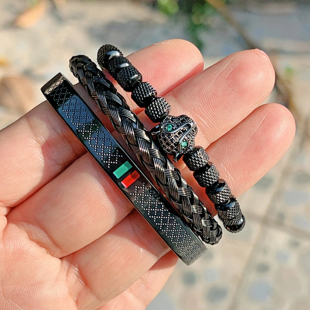 Kit 3 Pulseiras Panther Masculina Banhado em Ouro 18K