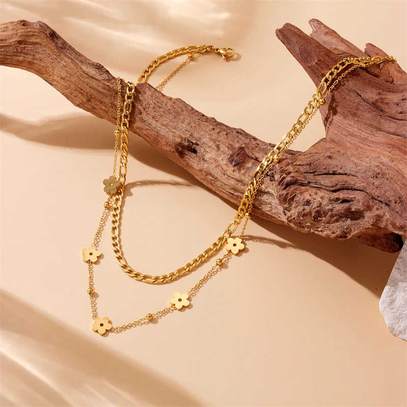 Colar Duplo Flor Banhado em Ouro 18K