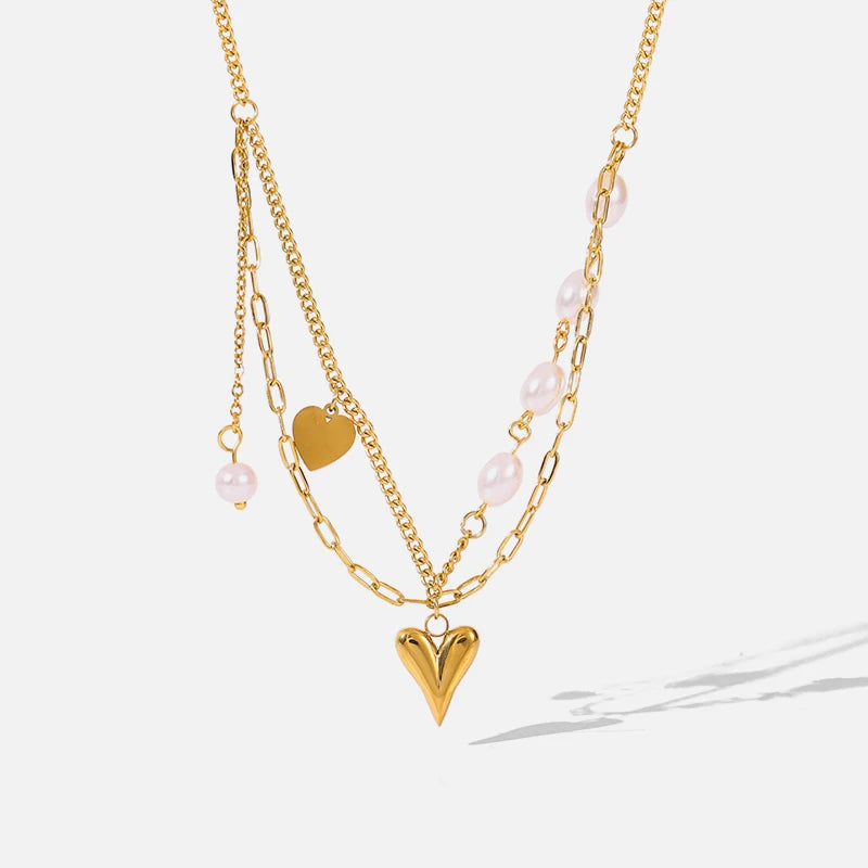 Colar Mix Coração e Pérolas Banhado em Ouro 18K