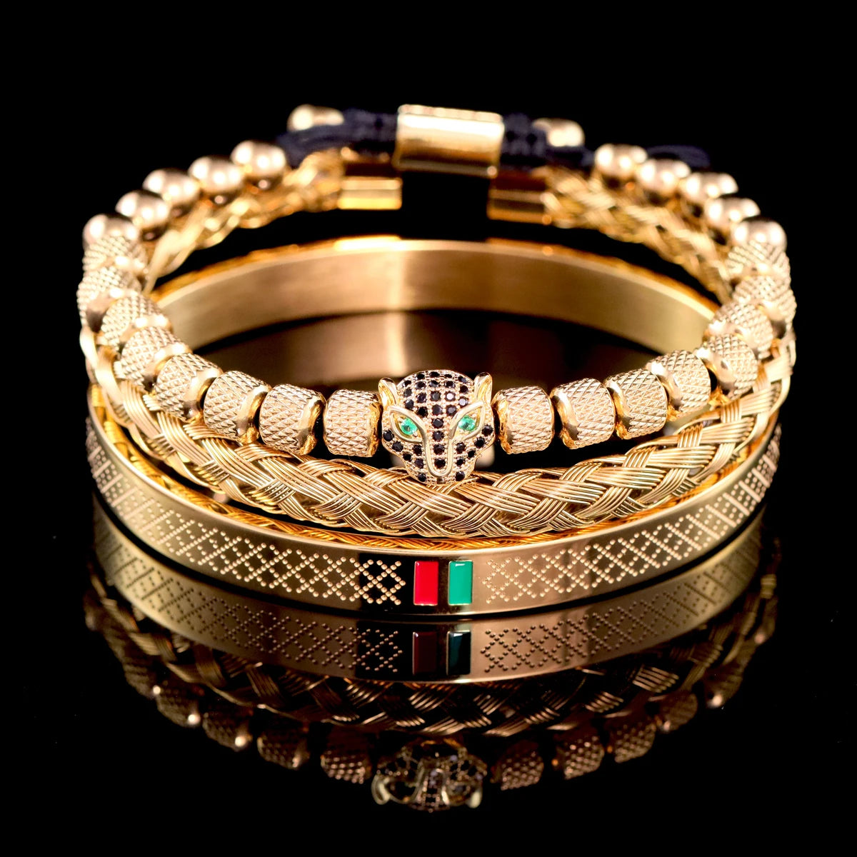 Kit 3 Pulseiras Panther Masculina Banhado em Ouro 18K