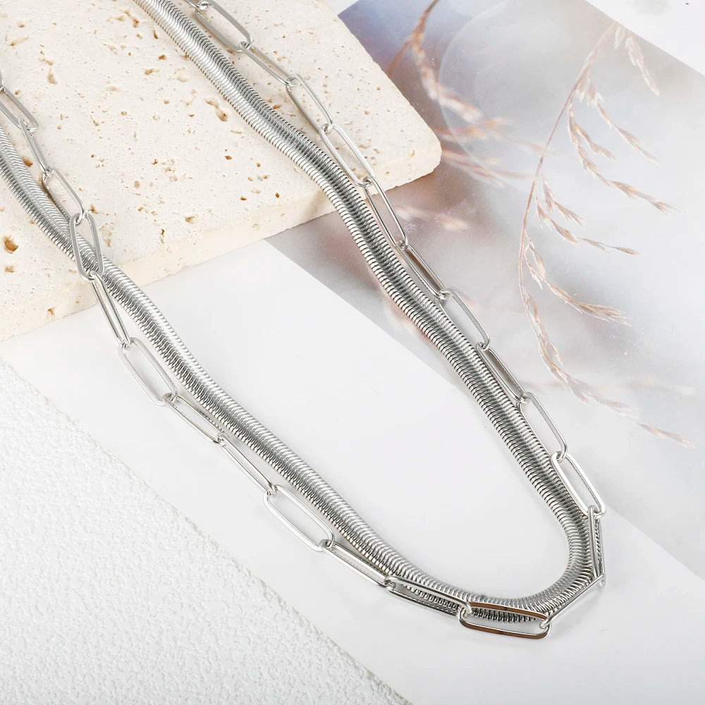 Colar Duplo Cobra e Elos Banhado em Ouro 18K