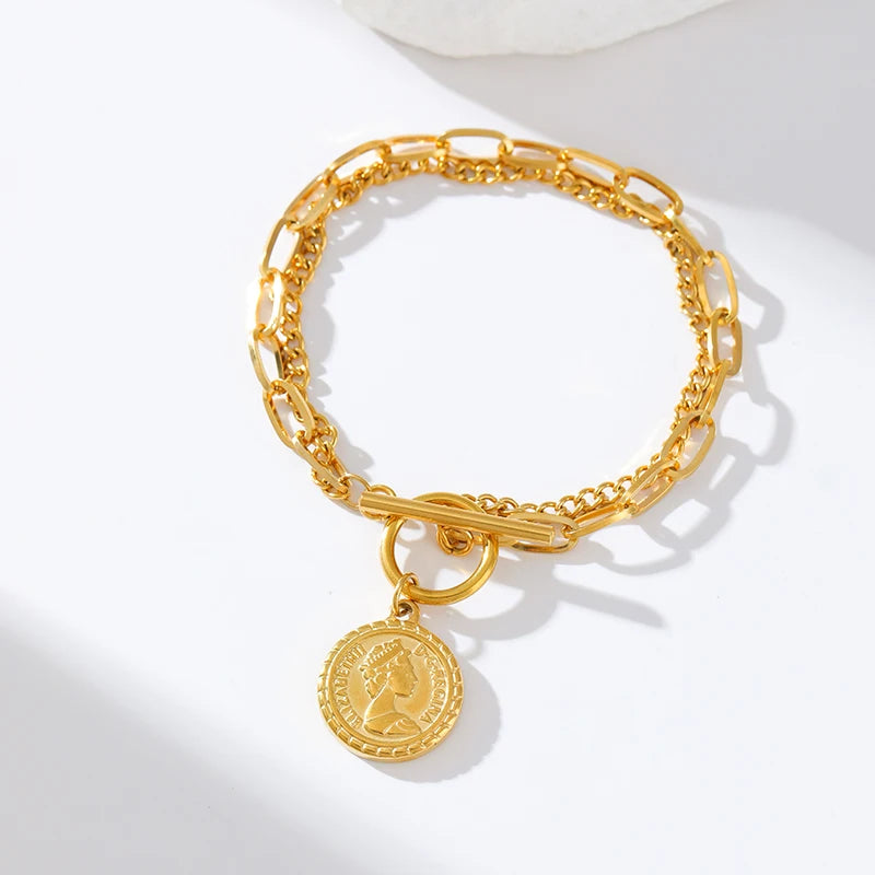 Conjunto Colar e Pulseira Medalha Banhado em Ouro 18K