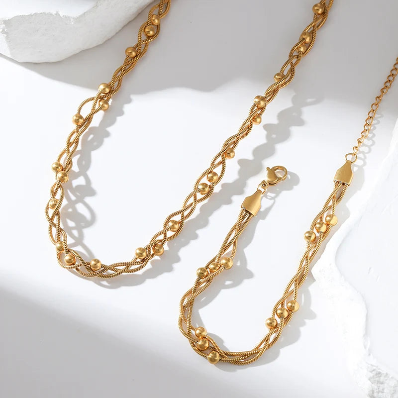 Conjunto Colar e Pulseira Entrelaçada Banhado em Ouro 18K