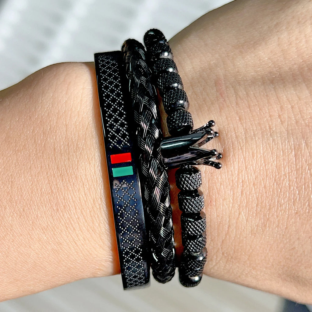 Kit 3 Pulseiras Coroa Masculina Banhado em Ouro 18K