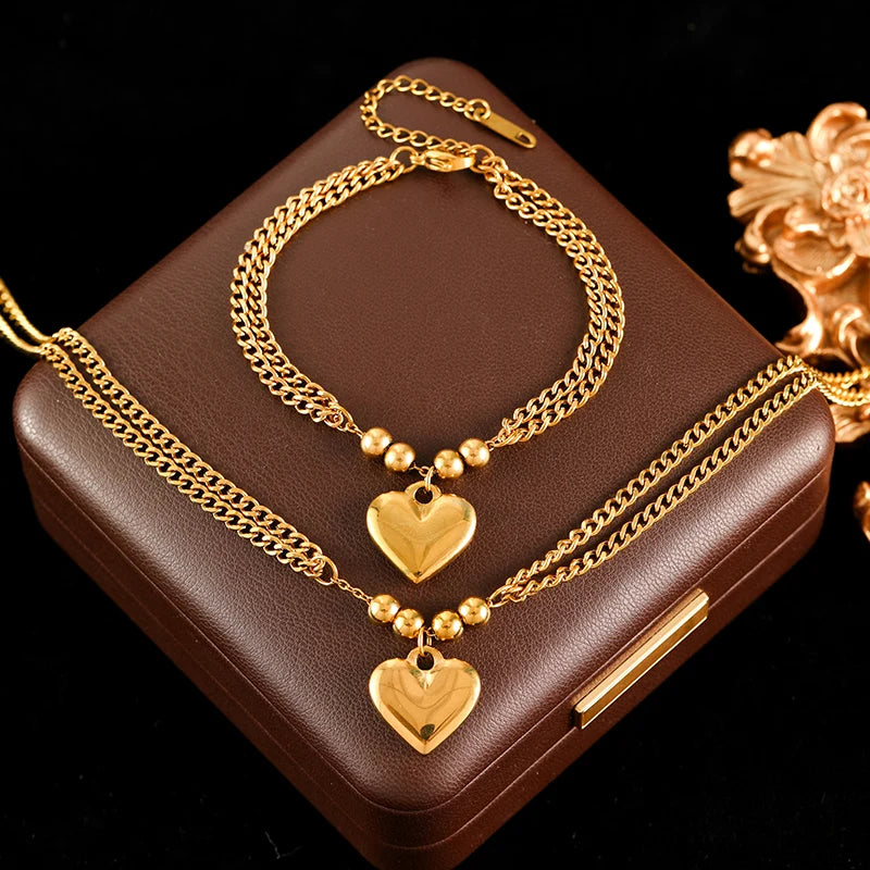Conjunto Colar e Pulseira Coração Banhado em Ouro 18K
