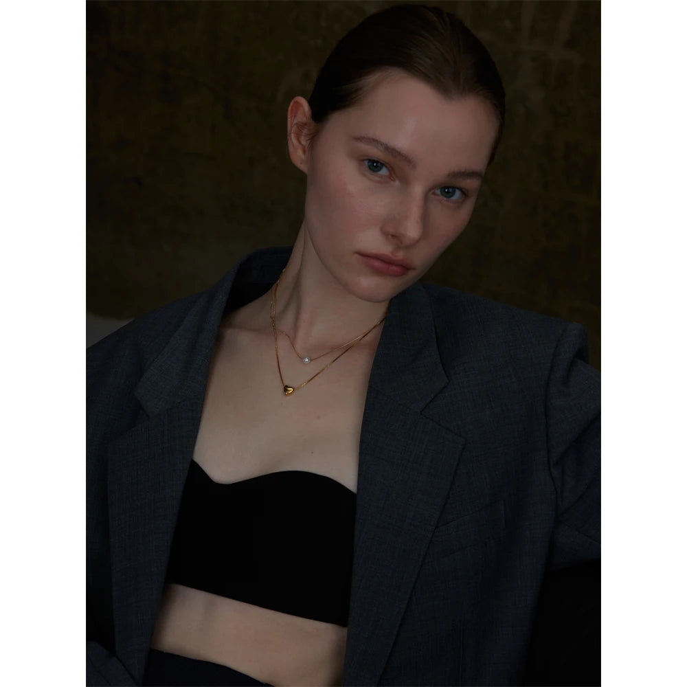 Colar Duplo Pérola e Coração Banhado em Ouro 18K