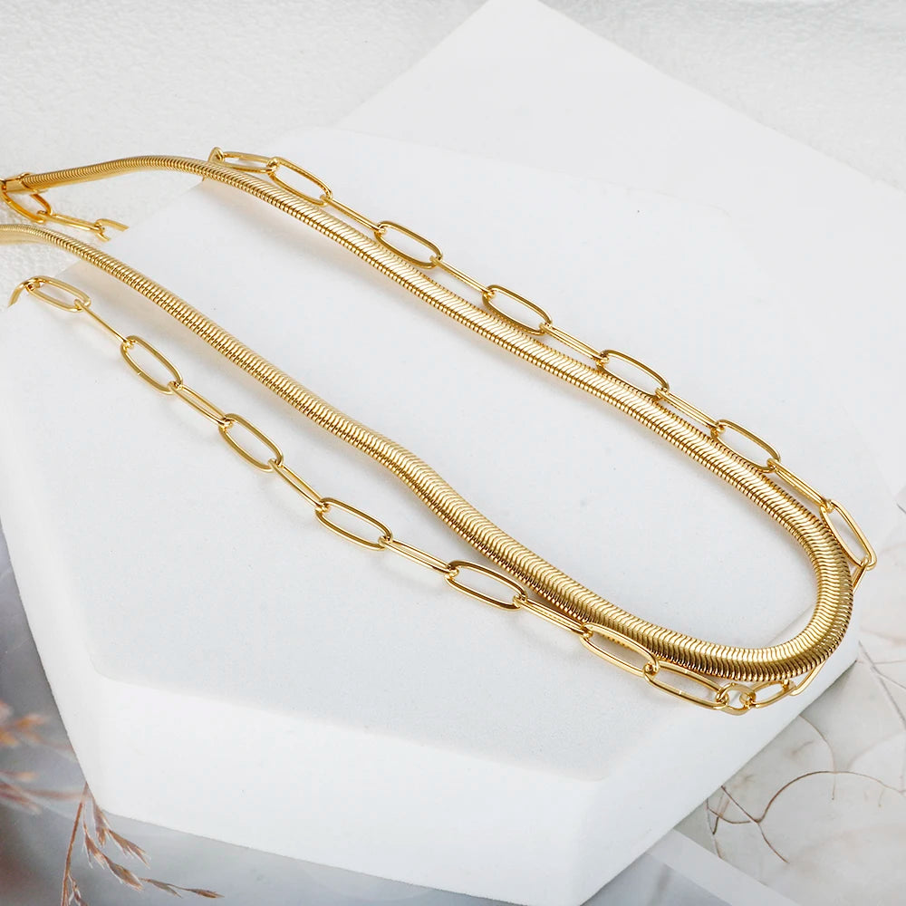 Colar Duplo Cobra e Elos Banhado em Ouro 18K