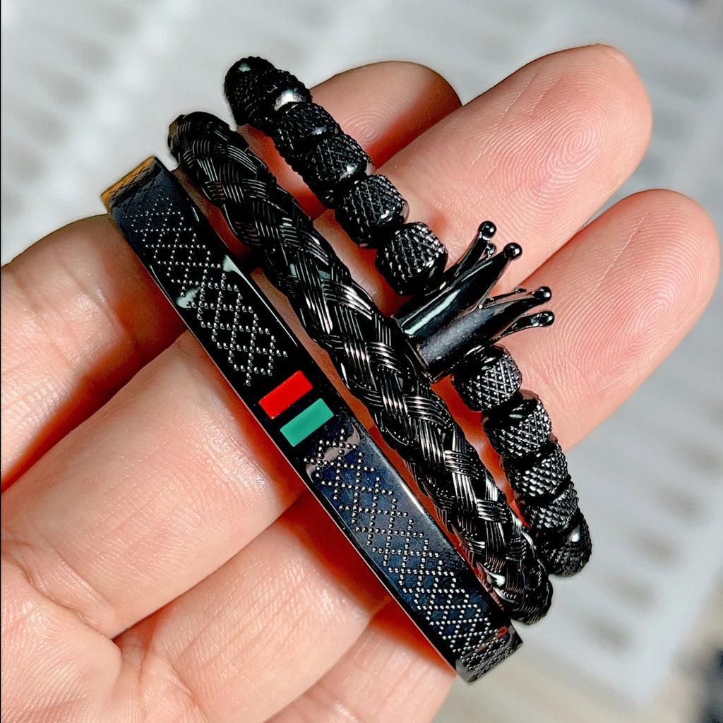 Kit 3 Pulseiras Coroa Masculina Banhado em Ouro 18K
